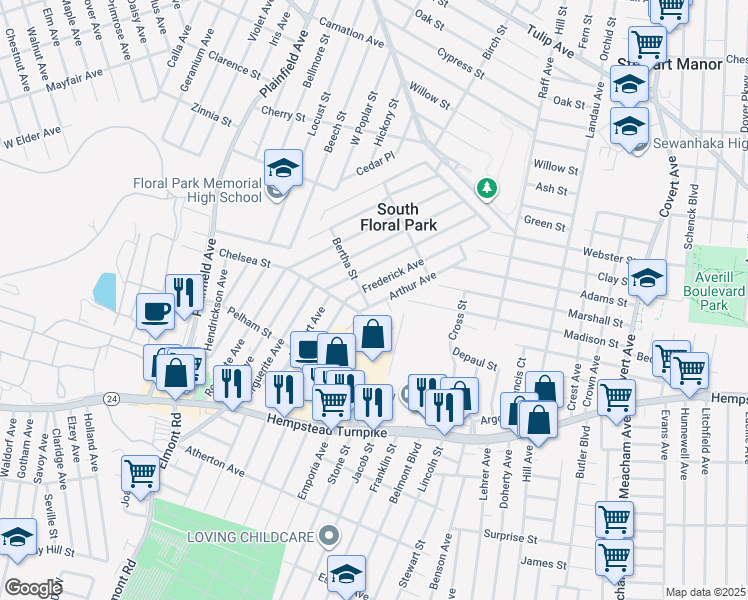 map of restaurants, bars, coffee shops, grocery stores, and more near 44 Arthur Avenue in South Floral Park