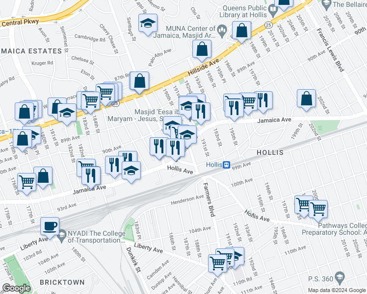map of restaurants, bars, coffee shops, grocery stores, and more near 18901 189th Street in Queens