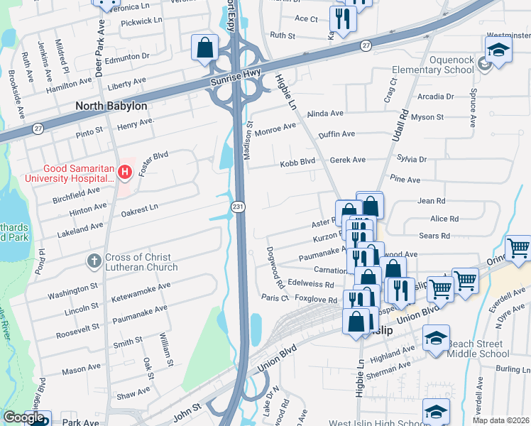 map of restaurants, bars, coffee shops, grocery stores, and more near 162 Raleigh Lane in West Islip