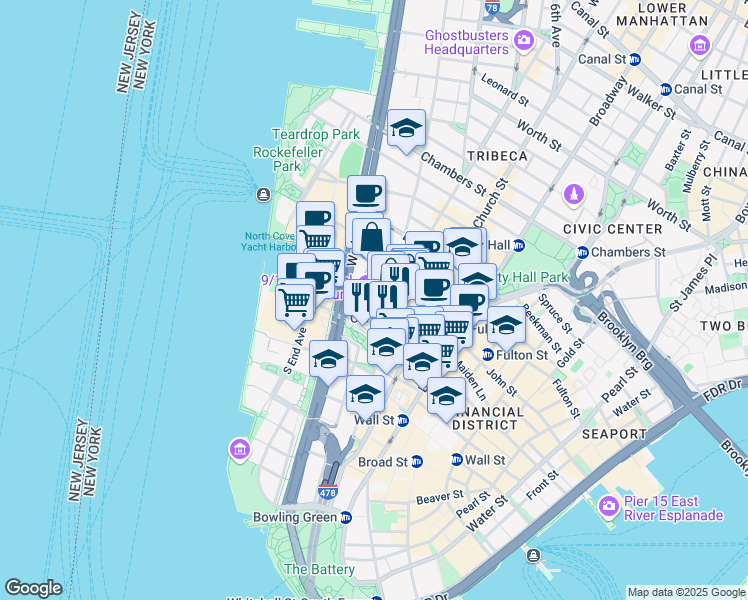 map of restaurants, bars, coffee shops, grocery stores, and more near 180 Greenwich Street in New York