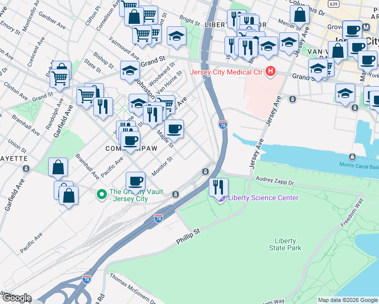 map of restaurants, bars, coffee shops, grocery stores, and more near 295 Johnston Avenue in Jersey City