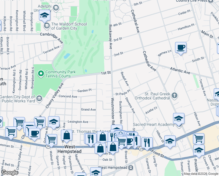 map of restaurants, bars, coffee shops, grocery stores, and more near 215 Westminster Road in West Hempstead