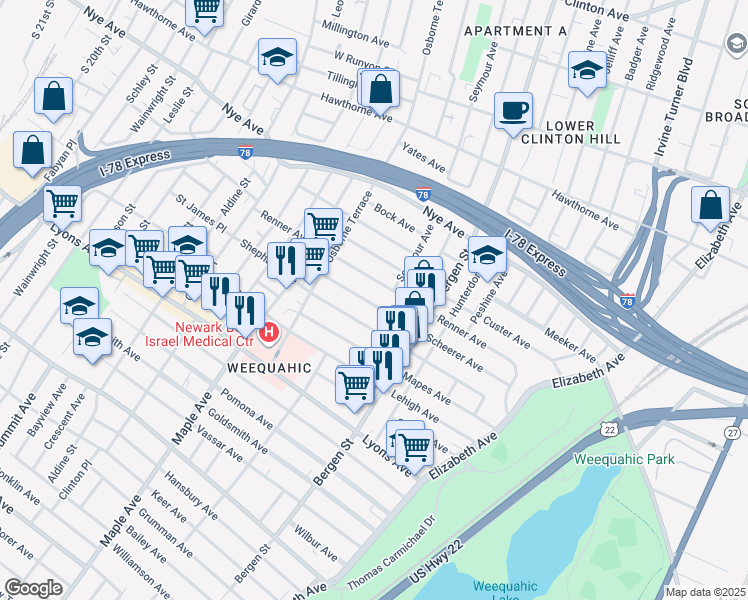 map of restaurants, bars, coffee shops, grocery stores, and more near 151 Scheerer Avenue in Newark