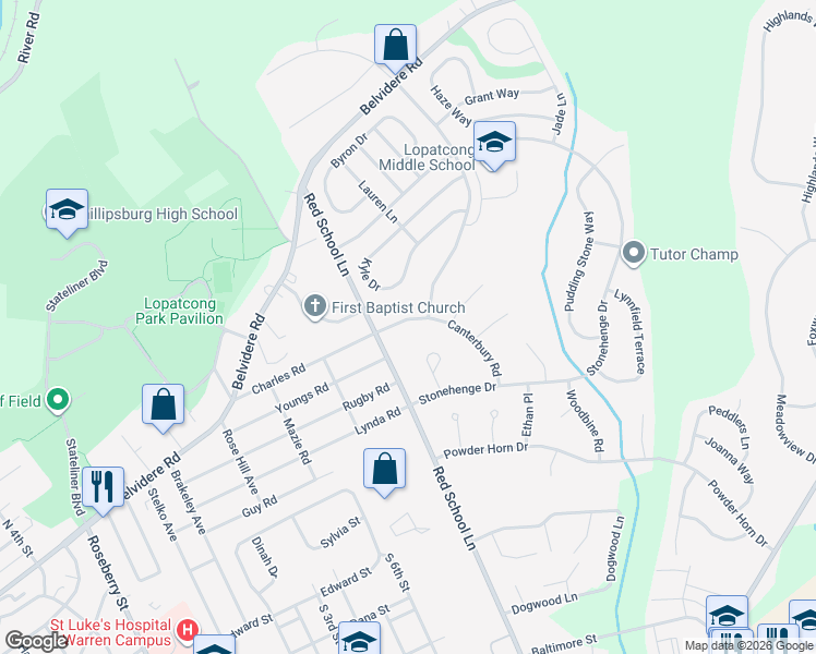 map of restaurants, bars, coffee shops, grocery stores, and more near 22 Canterbury Road in Phillipsburg