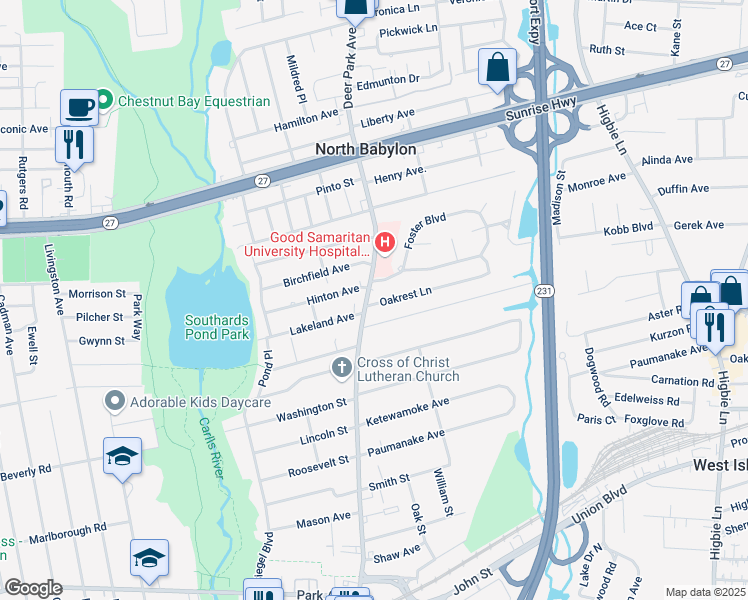 map of restaurants, bars, coffee shops, grocery stores, and more near 643 Deer Park Avenue in Babylon