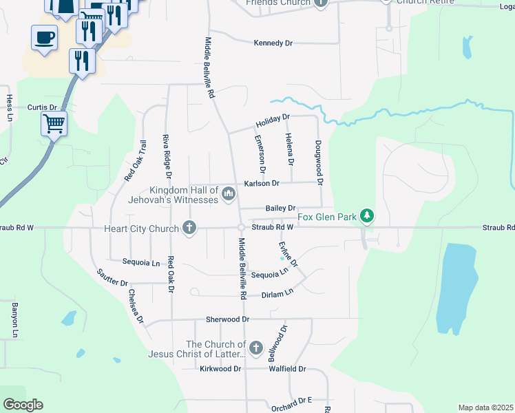 map of restaurants, bars, coffee shops, grocery stores, and more near 632 Bailey Drive in Mansfield