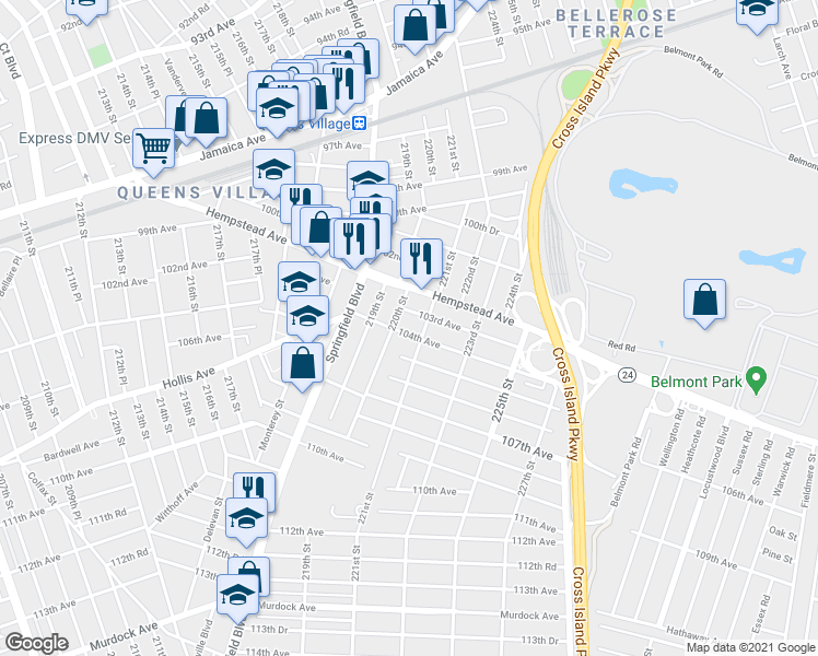map of restaurants, bars, coffee shops, grocery stores, and more near 220-15 104th Avenue in Queens