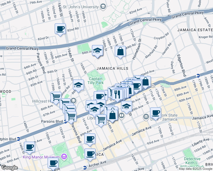 map of restaurants, bars, coffee shops, grocery stores, and more near 166-05 Highland Avenue in Queens