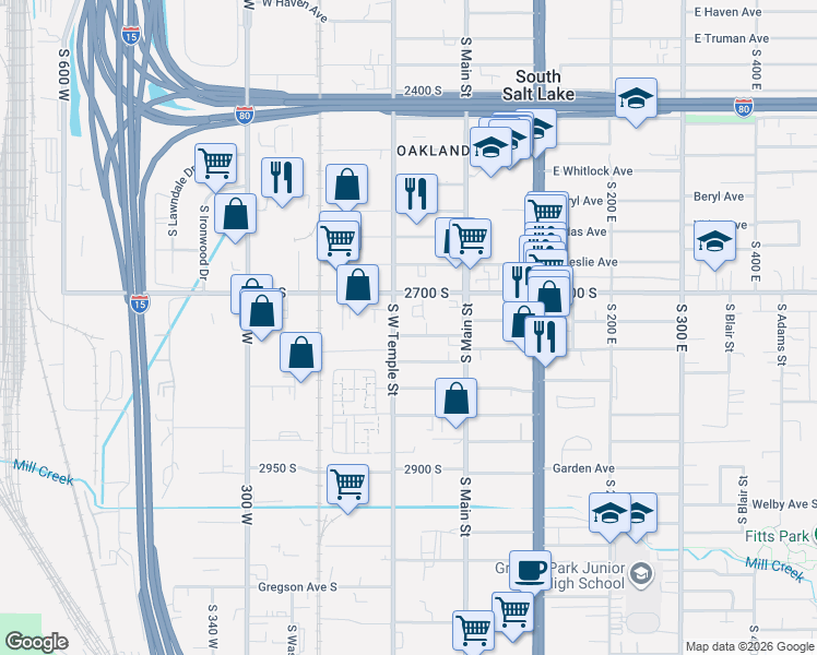 map of restaurants, bars, coffee shops, grocery stores, and more near 2768 South West Temple in South Salt Lake