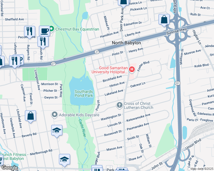 map of restaurants, bars, coffee shops, grocery stores, and more near 13 Hinton Avenue in Babylon