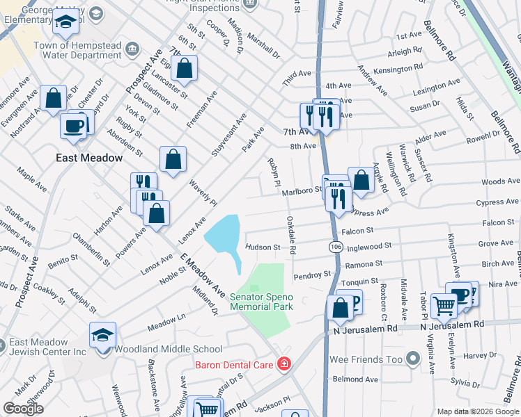 map of restaurants, bars, coffee shops, grocery stores, and more near 2363 Amherst Street in East Meadow