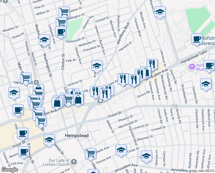 map of restaurants, bars, coffee shops, grocery stores, and more near 43 California Avenue in Hempstead