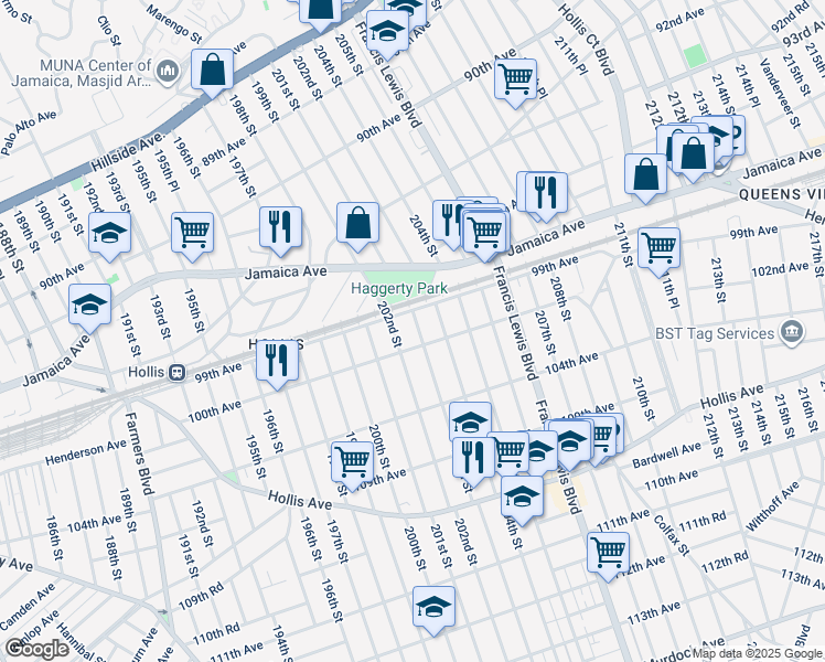 map of restaurants, bars, coffee shops, grocery stores, and more near 203-07 100th Avenue in Queens