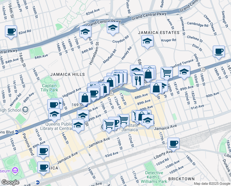 map of restaurants, bars, coffee shops, grocery stores, and more near 87-69 172nd Street in Queens