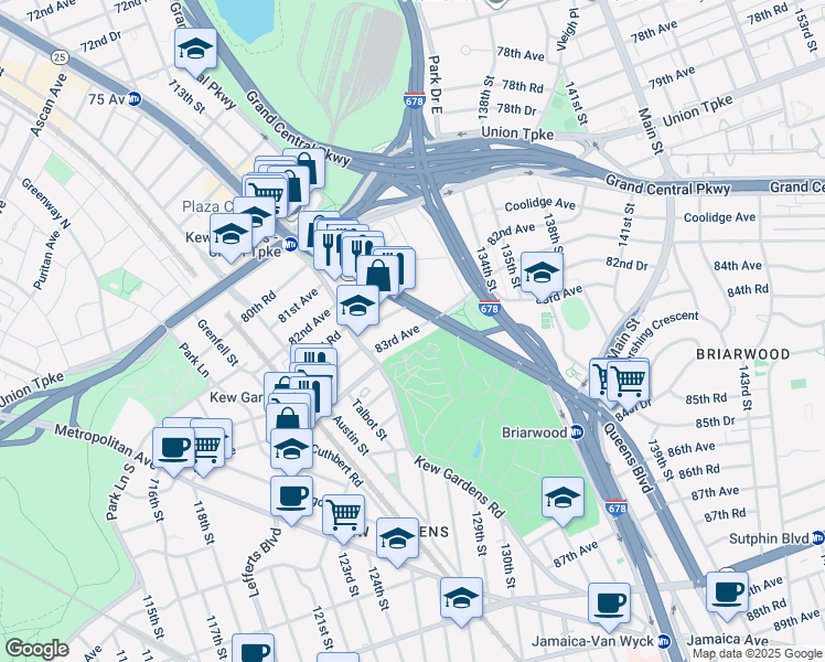 map of restaurants, bars, coffee shops, grocery stores, and more near 123-40 83rd Avenue in Queens