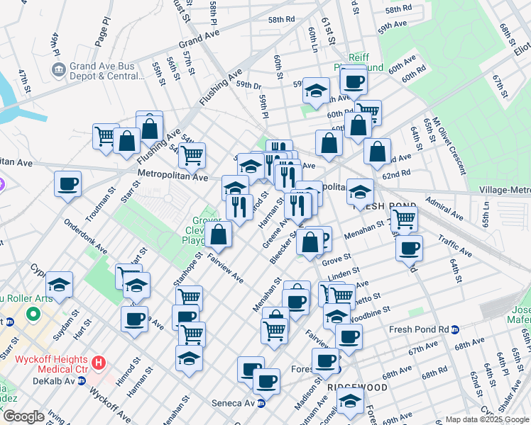 map of restaurants, bars, coffee shops, grocery stores, and more near 21-46 Himrod Street in Queens