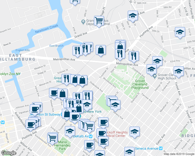 map of restaurants, bars, coffee shops, grocery stores, and more near 22 Charlotte Street in Queens