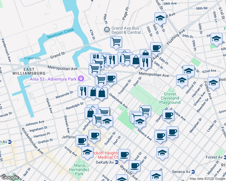 map of restaurants, bars, coffee shops, grocery stores, and more near 22 Charlotte Street in Queens