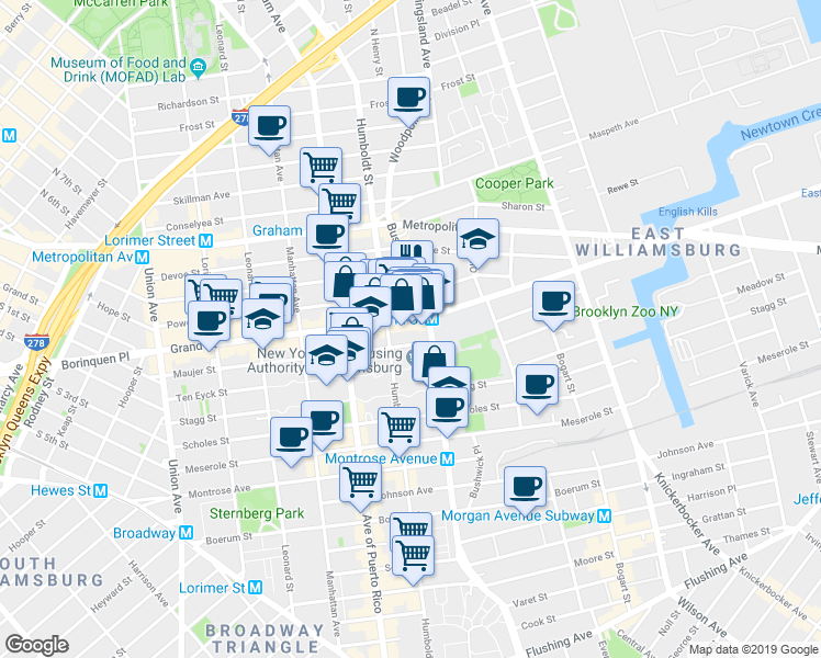 map of restaurants, bars, coffee shops, grocery stores, and more near in Brooklyn