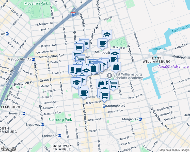 map of restaurants, bars, coffee shops, grocery stores, and more near 233 Maujer Street in Brooklyn