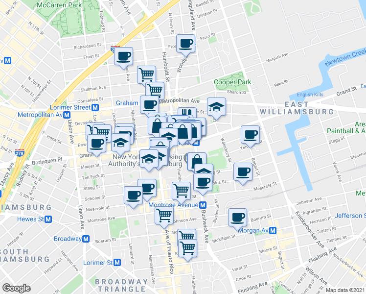map of restaurants, bars, coffee shops, grocery stores, and more near 800 Grand Street in Brooklyn