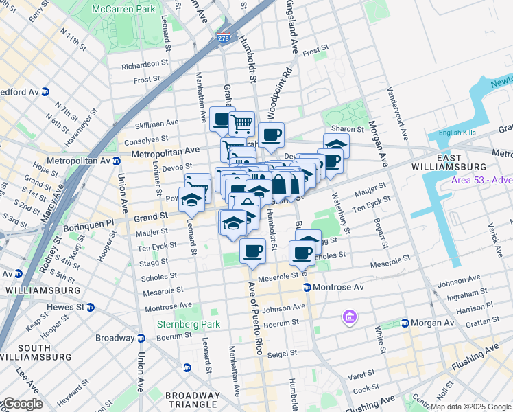 map of restaurants, bars, coffee shops, grocery stores, and more near 770 Grand Street in Brooklyn