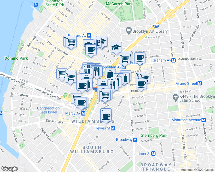 map of restaurants, bars, coffee shops, grocery stores, and more near 404 Rodney Street in Brooklyn