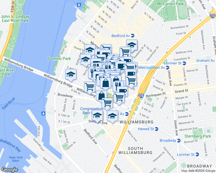 map of restaurants, bars, coffee shops, grocery stores, and more near 186 South 3rd Street in Brooklyn