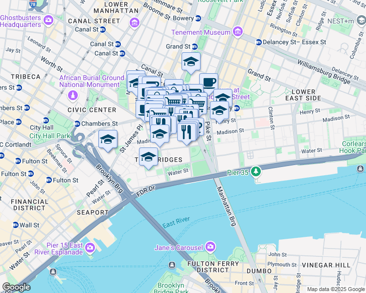 map of restaurants, bars, coffee shops, grocery stores, and more near 34 Monroe Street in New York