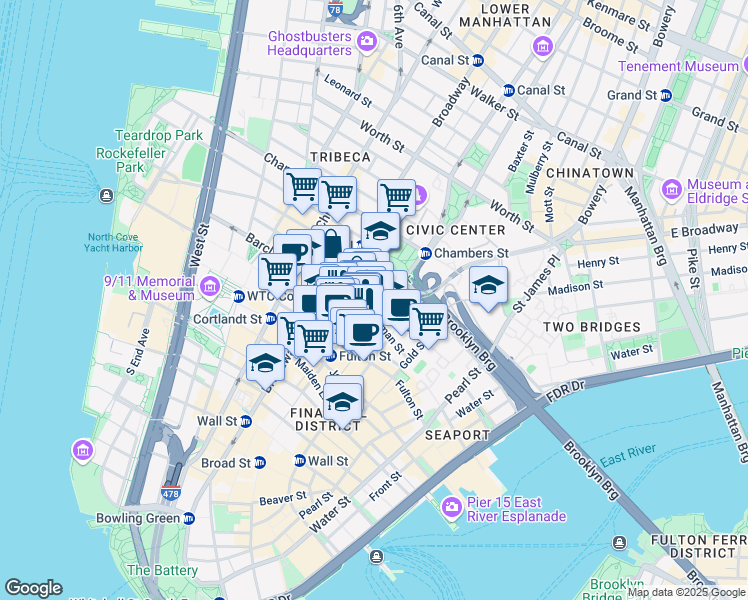 map of restaurants, bars, coffee shops, grocery stores, and more near 1 Beekman Street in New York
