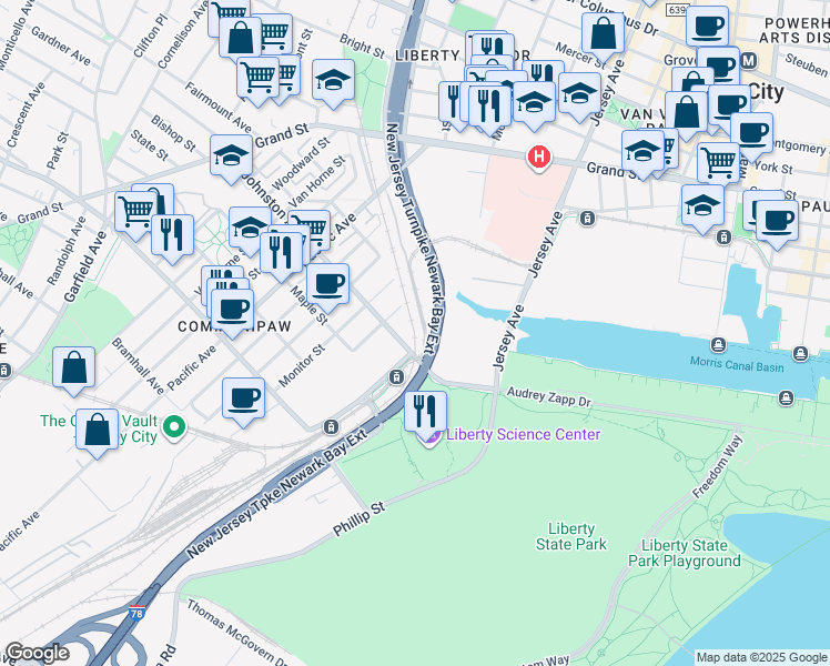 map of restaurants, bars, coffee shops, grocery stores, and more near 258 Johnston Avenue in Jersey City