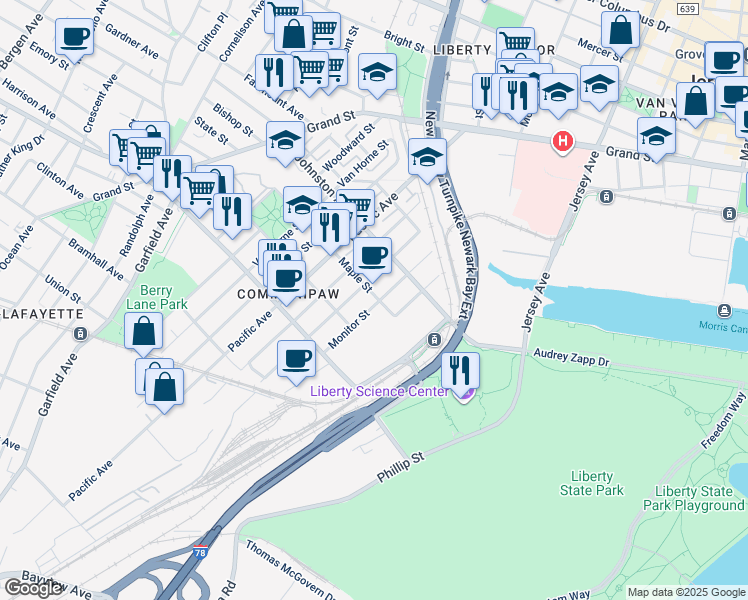 map of restaurants, bars, coffee shops, grocery stores, and more near 56 Maple Street in Jersey City
