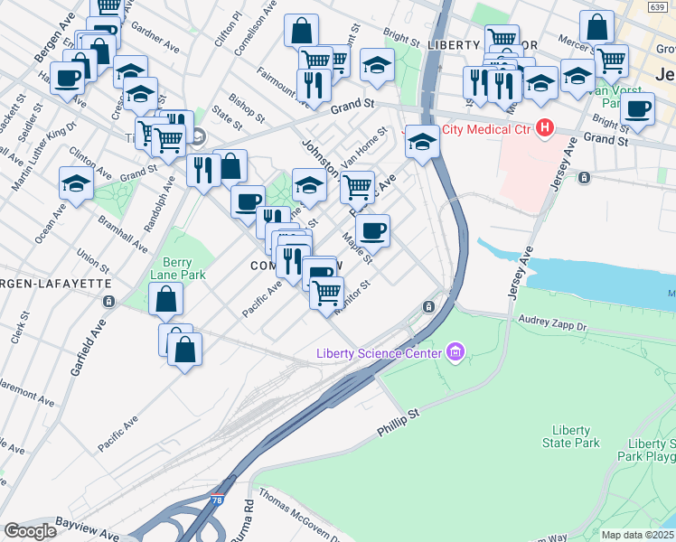 map of restaurants, bars, coffee shops, grocery stores, and more near 248 Pine Street in Jersey City