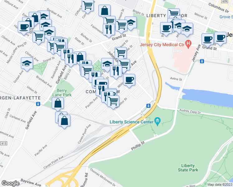 map of restaurants, bars, coffee shops, grocery stores, and more near 304 Whiton Street in Jersey City