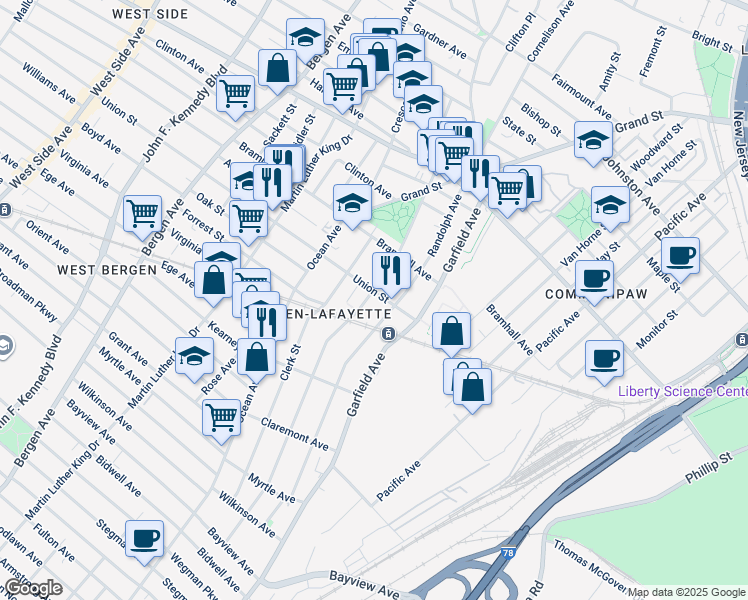 map of restaurants, bars, coffee shops, grocery stores, and more near 23 Union Street in Jersey City