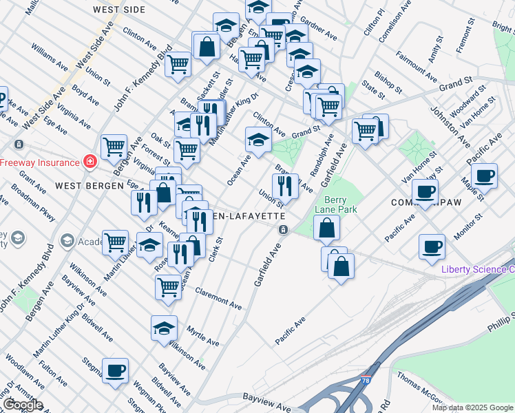 map of restaurants, bars, coffee shops, grocery stores, and more near 1 Minerva Street in Jersey City