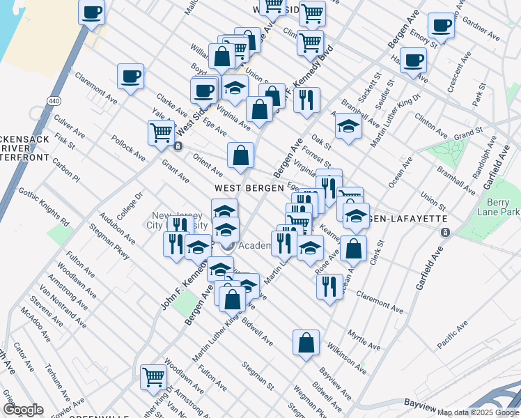map of restaurants, bars, coffee shops, grocery stores, and more near 125 Orient Avenue in Jersey City