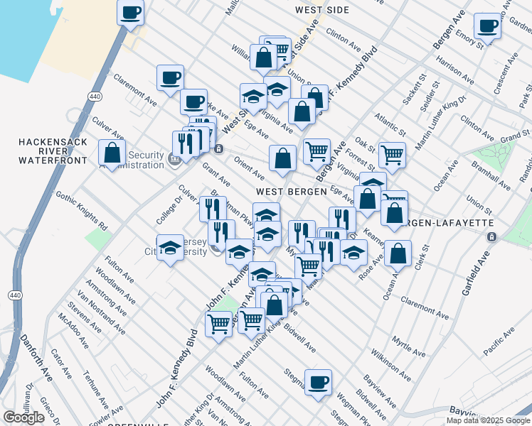 map of restaurants, bars, coffee shops, grocery stores, and more near in Jersey City