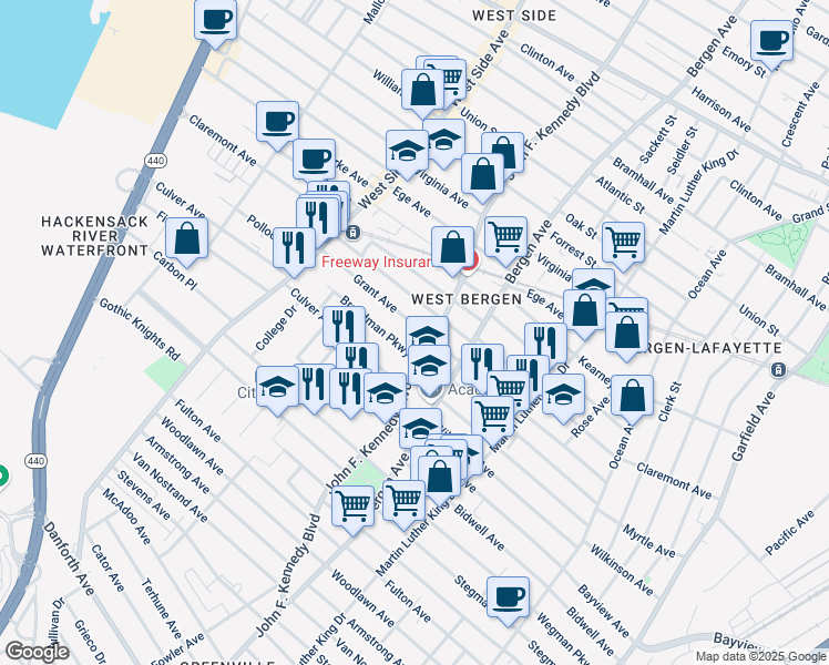 map of restaurants, bars, coffee shops, grocery stores, and more near in Jersey City