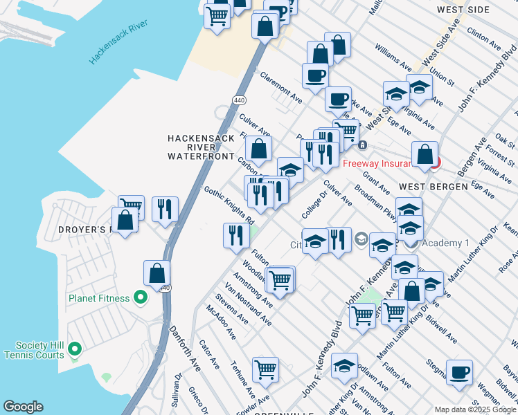 map of restaurants, bars, coffee shops, grocery stores, and more near 179 West Side Avenue in Jersey City