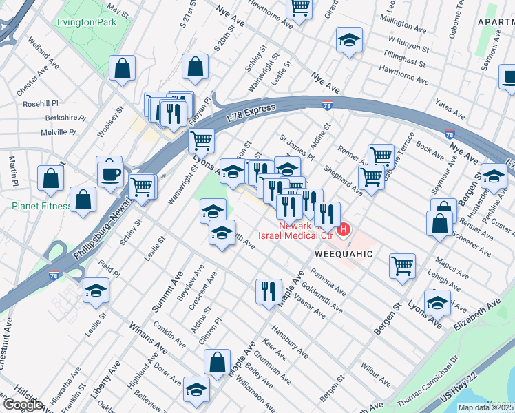 map of restaurants, bars, coffee shops, grocery stores, and more near 300 Weequahic Avenue in Newark