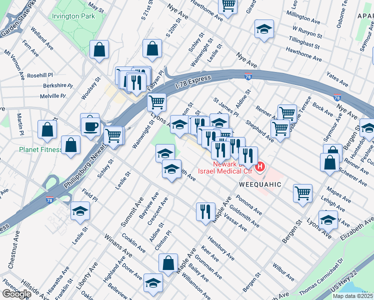 map of restaurants, bars, coffee shops, grocery stores, and more near 300 Weequahic Avenue in Newark