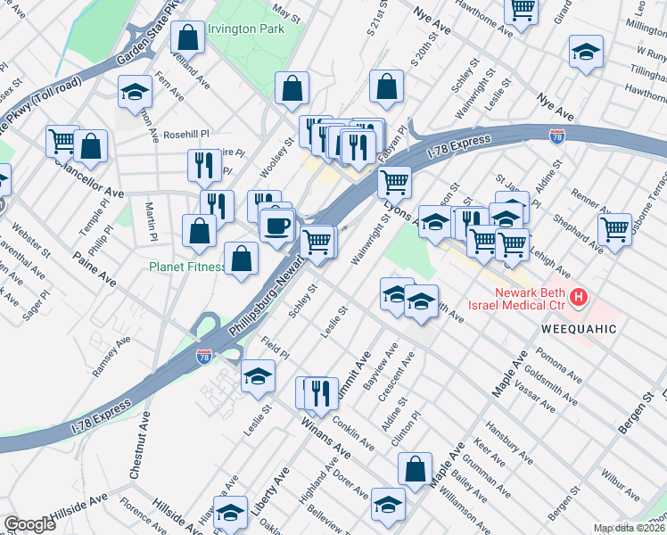 map of restaurants, bars, coffee shops, grocery stores, and more near 294 Schley Street in Newark