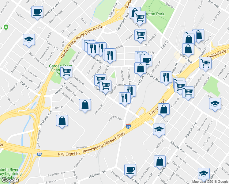 map of restaurants, bars, coffee shops, grocery stores, and more near 28 Dupont Place in Irvington