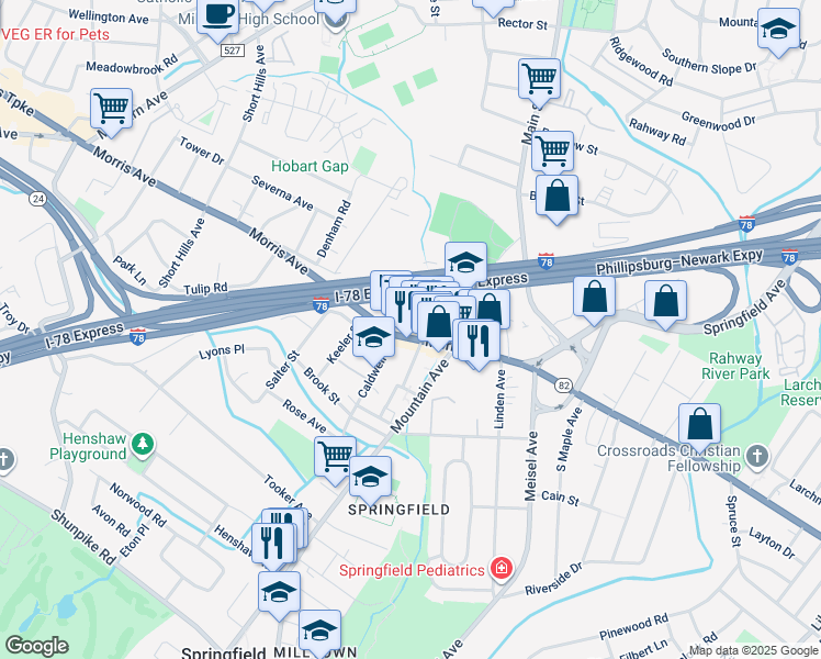 map of restaurants, bars, coffee shops, grocery stores, and more near 276 Morris Avenue in Springfield Township