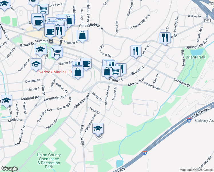 map of restaurants, bars, coffee shops, grocery stores, and more near in Summit