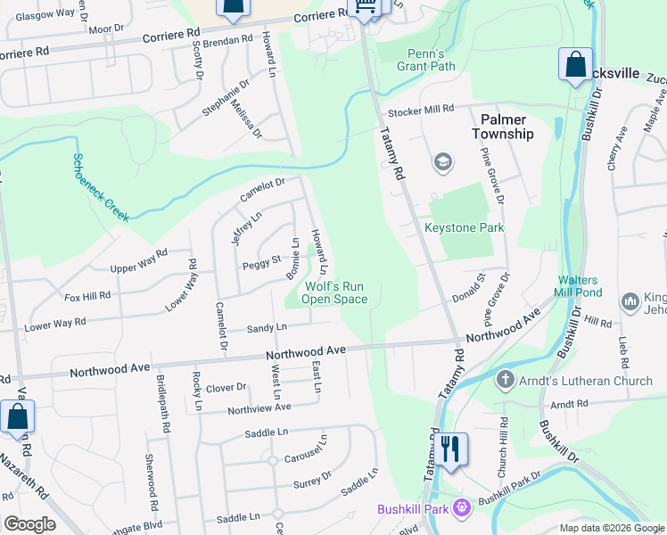 map of restaurants, bars, coffee shops, grocery stores, and more near 1317 Howard Lane in Easton