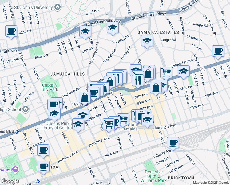 map of restaurants, bars, coffee shops, grocery stores, and more near 87-69 172nd Street in Queens