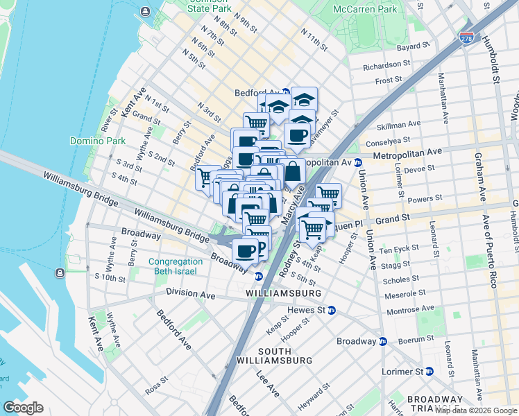 map of restaurants, bars, coffee shops, grocery stores, and more near 254 South 2nd Street in Brooklyn