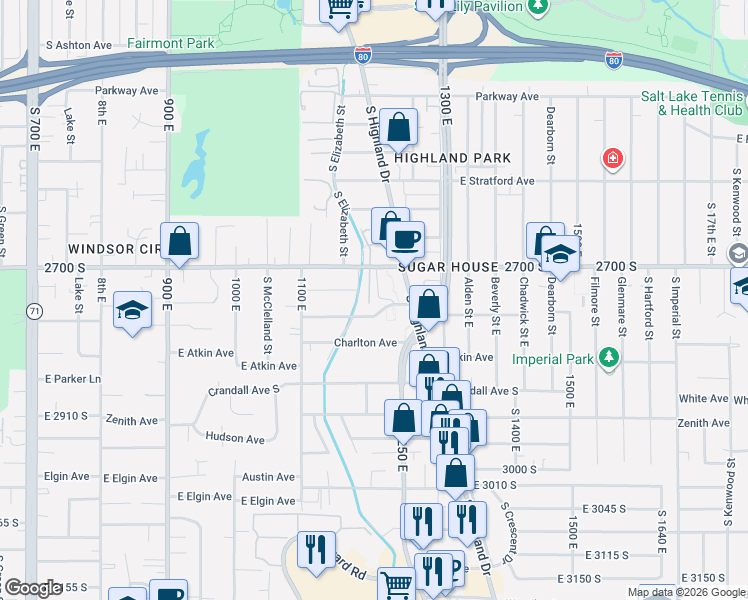 map of restaurants, bars, coffee shops, grocery stores, and more near 1194 East 2700 South in Salt Lake City